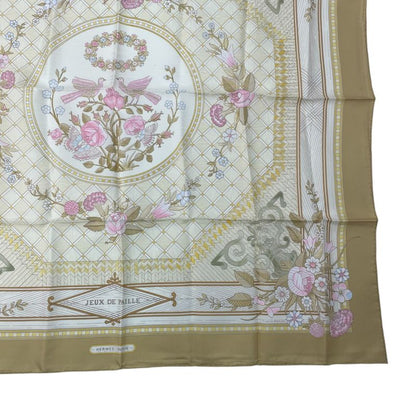 Hermes Large Scarf Silk Carre 90 JEUX DE Paille Straw Play Beige