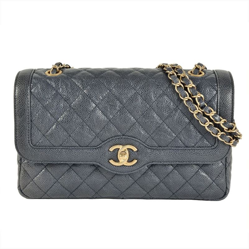 Chanel Matelasse Double Chain Shoulder Bag Caviar Skin Blue Gold Hardware Coco
