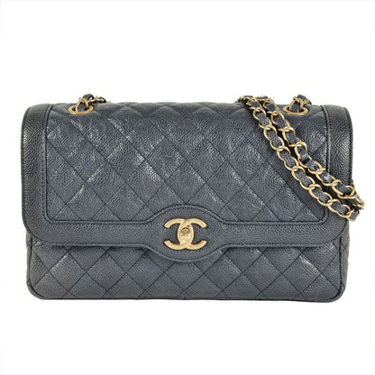 Chanel Matelasse Double Chain Shoulder Bag Caviar Skin Blue Gold Hardware Coco