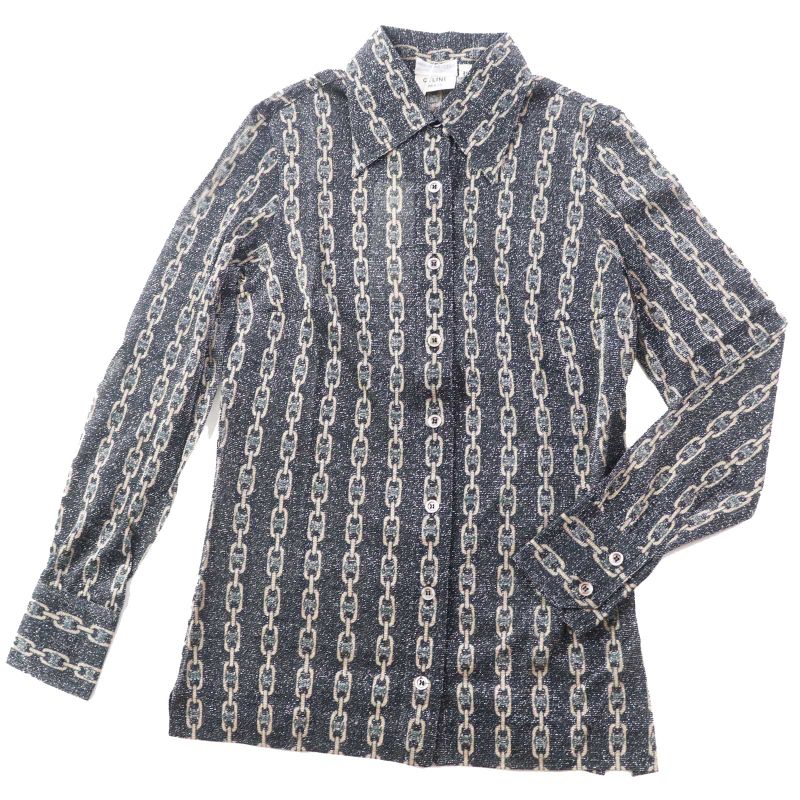 Celine Rare Old Celine Triomphe Chain Pattern Lame Long Sleeve Shirt Black