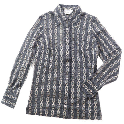 Celine Rare Old Celine Triomphe Chain Pattern Lame Long Sleeve Shirt Black