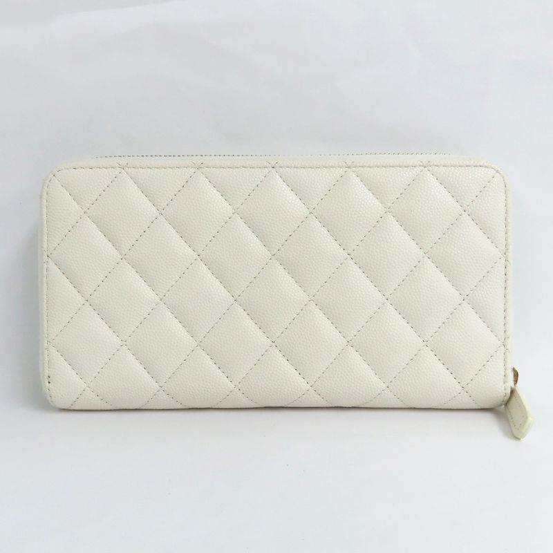 Chanel Long Zip Wallet Ap3337 Matelasse Caviar Skin White Gdhardware