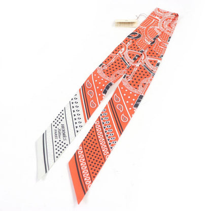 Hermes H062978s Twilly 100% Silk Apron D'or Bandana Scarf Vermilion/gri Pe Lou