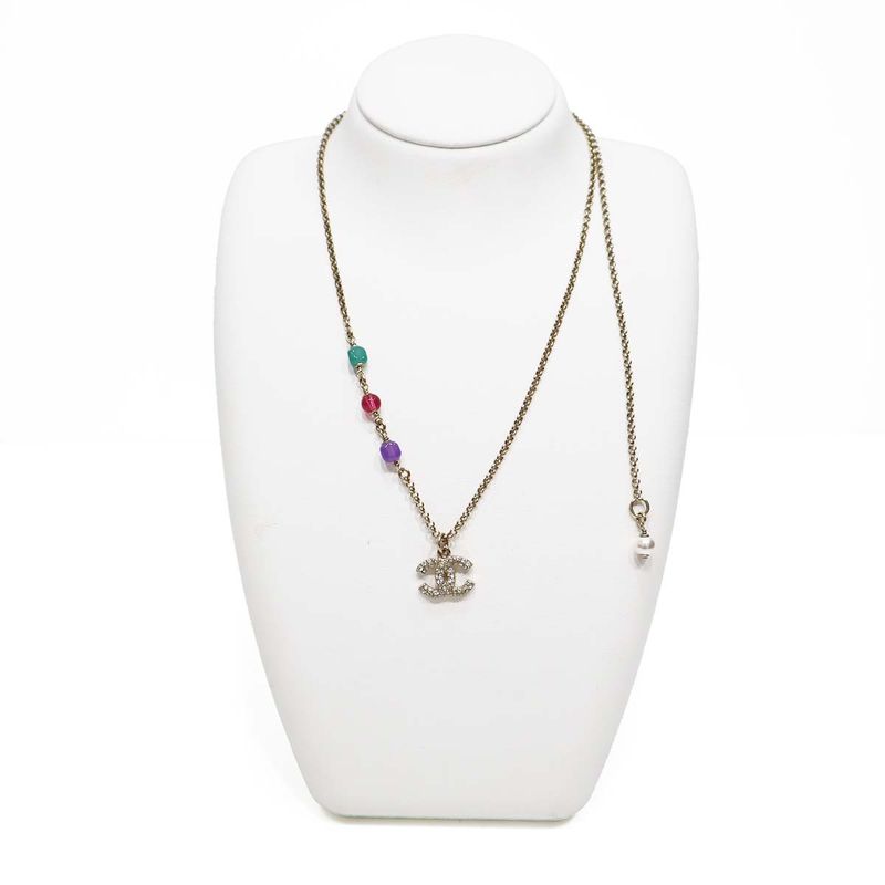 Chanel Necklace Coco Mark Rhinestone Three Color Beads Gold Color 9.3g H21032