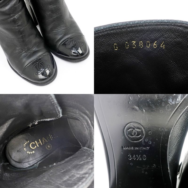 Chanel Ankle Boots 34 1 2C Black G38064 Leather Patent CC Mark Shoes
