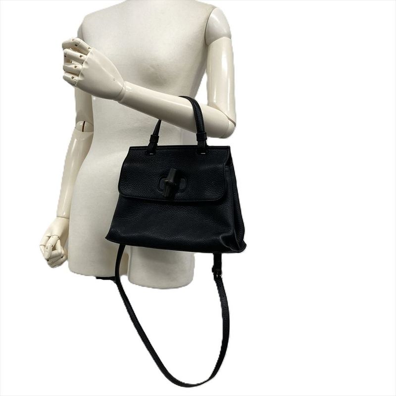Gucci Daily Bamboo Handbag Leather 370831 Black Silver Hardware Women