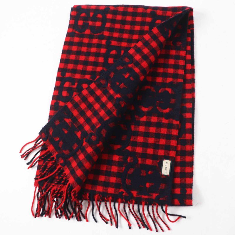 Gucci 644365 Wool Jumbo GG Checked Jacquard Scarf With Fringe Red Black 240 X