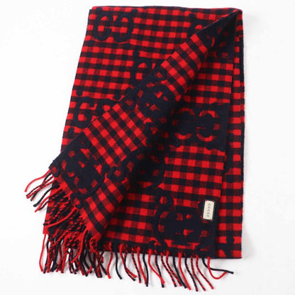 Gucci 644365 Wool Jumbo GG Checked Jacquard Scarf With Fringe Red Black 240 X