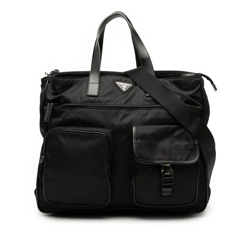 Prada Triangle Logo Plate Tote Shoulder Bag 2WAY Va0610 Black Nylon Leather