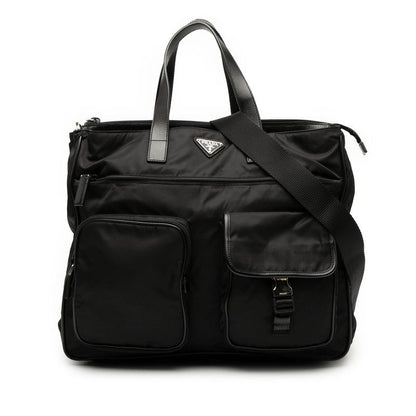 Prada Triangle Logo Plate Tote Shoulder Bag 2WAY Va0610 Black Nylon Leather