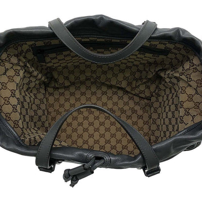 Gucci - 725664 Drawstring Leather Tote Bag Lined With GG Total Logo - Gray -