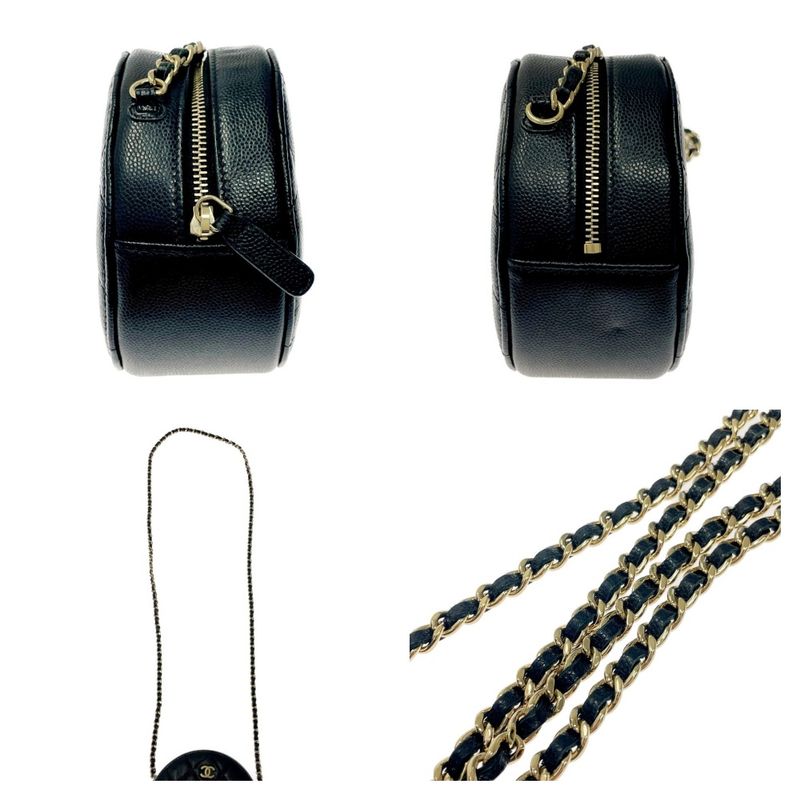 Chanel Matelasse Caviar Skin Coco Mark Round Chain Shoulder Bag Black 371277