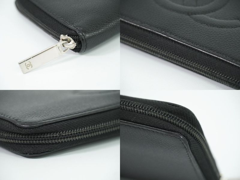 Authentic Chanel Coco Mark Round Zipper Long Wallet Long Wallet Caviar Skin