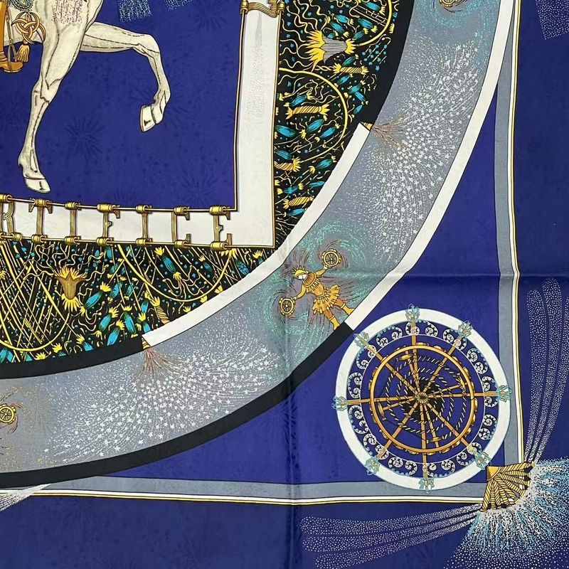 Hermes Carree 90 FEUX D'artifice Artisanal Fire Silk Scarf Navy