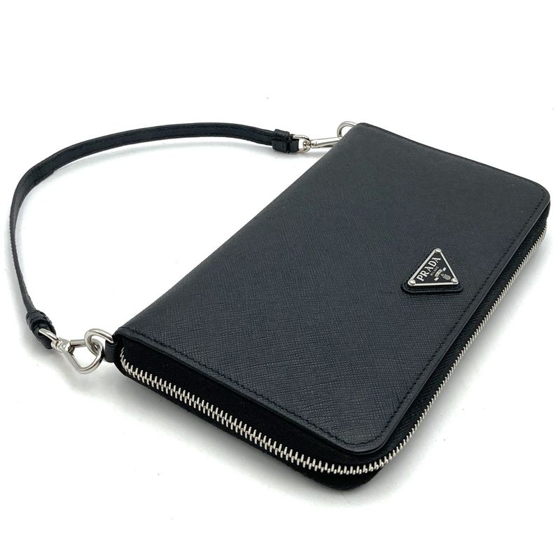 Prada 2ml051 RFID Saffiano Triangle Document Holder Long Wallet Black Ladies