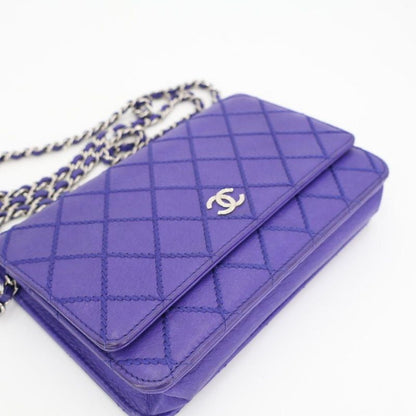 Chanel Chain Wallet Shoulder Bag Women Leather Blue