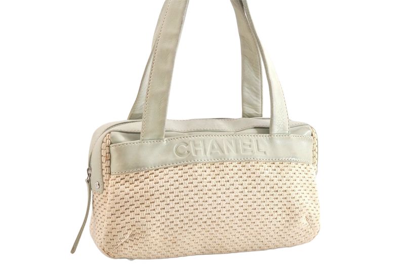 Chanel Vintage Knit Calfskin Shoulder Boston Bag Purse Beige 2545n