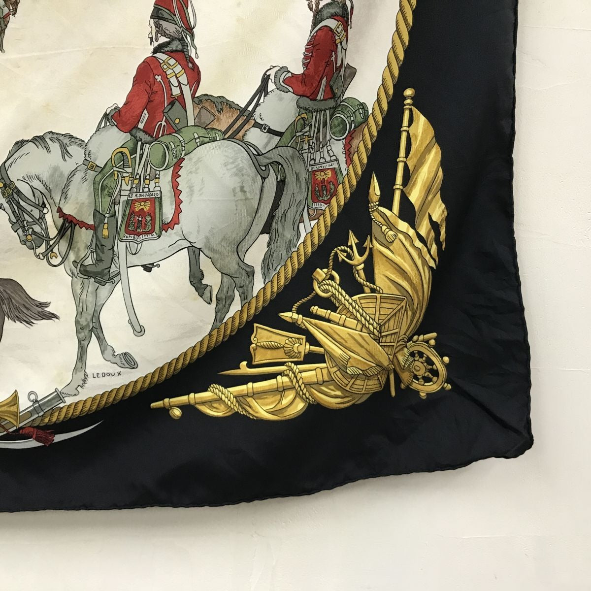 Hermes Carre 90 Marine Et Cavalerie Sea and Cavalry Large Scarf Black Multi All-over Print Silk