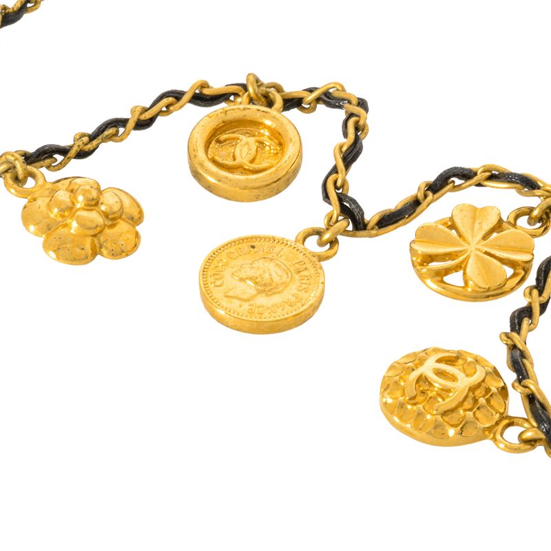 Chanel Choker Necklace Metal Leather 96 P Engraved Gold Coco Mark Coin Medal
