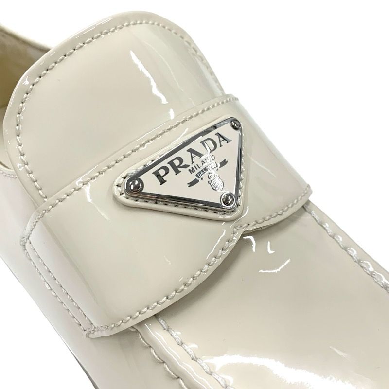 Prada Loafers Leather Shoes Patent Beige Triangle Logo
