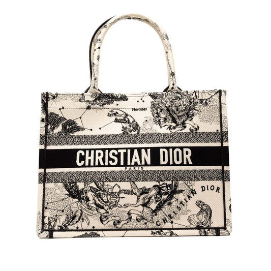 Dior Book Tote Medium Zodiac Embroidery Beige Black Canvas Women's Dior