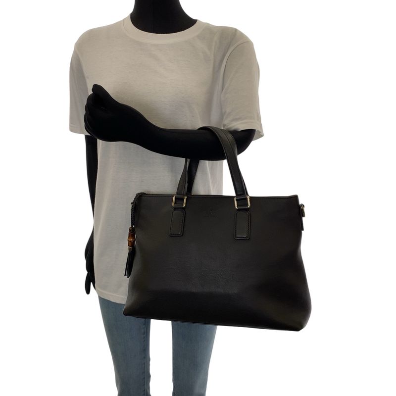 Gucci Bamboo Tassel Black Silver Hardware Leather 365346 Shoulder Bag Handbag