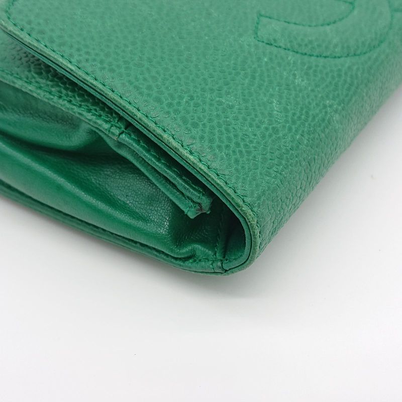 Vintage Chanel Pouch Caviar Skin Green Coco Mark With Sticker