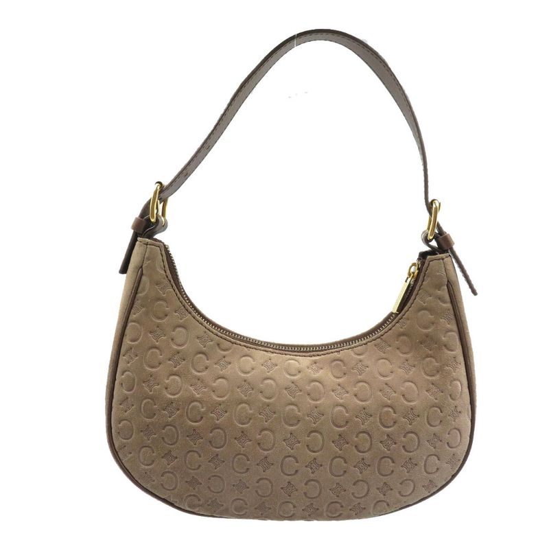 Celine Vintage Half Moon C Macadam Pattern Suede Gold Hardware Mocha Brown