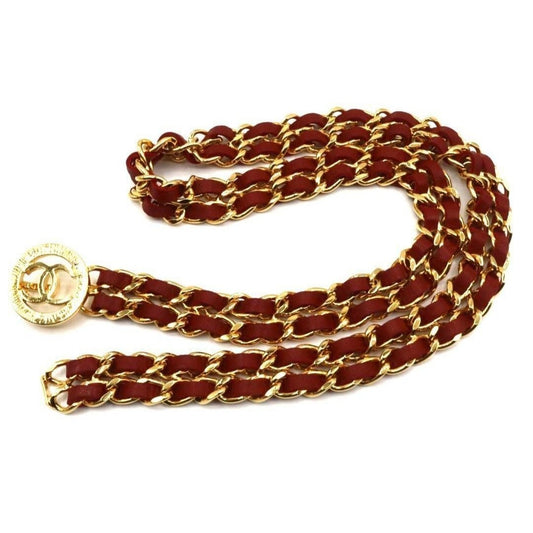 CHANEL Vintage CC Logo Leather Chain Belt Gold Red