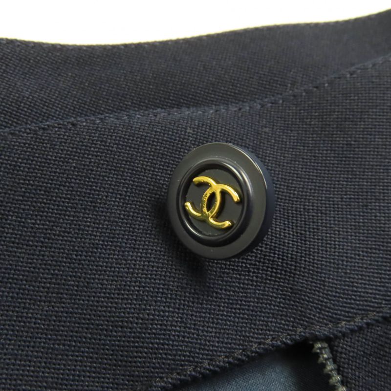 CHANEL Vintage P04471 100% Wool 90s Tight Skirt With Coco Mark Buttons Navy 38