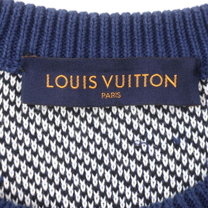 Louis Vuitton 20SS 100% Cotton Camo Pique Jacquard Crewneck Knit Sweater Navy
