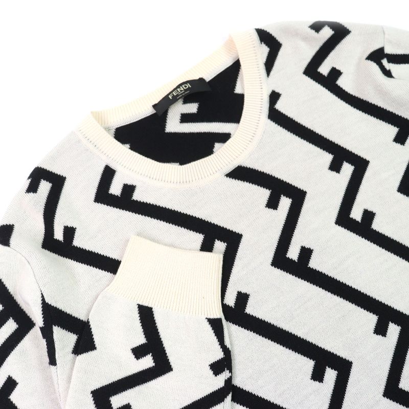 Fendi Fzz489 100% Wool FF Motif Total Pattern Crew Neck Long Sleeves Knit