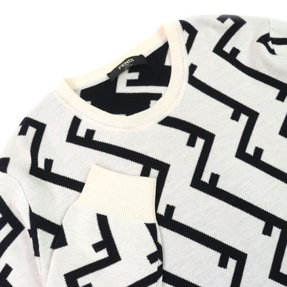 Fendi Fzz489 100% Wool FF Motif Total Pattern Crew Neck Long Sleeves Knit