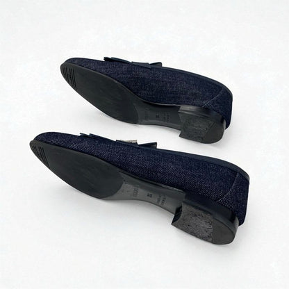 Hermes Royale Loafers Leather Shoes Denim Navy Silver Hhardware Fringe