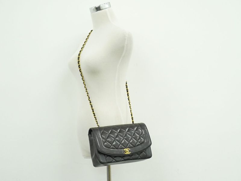Authentic Chanel Diana Coco Mark Matelasse Chain Shoulder Bag Pochette Lambskin