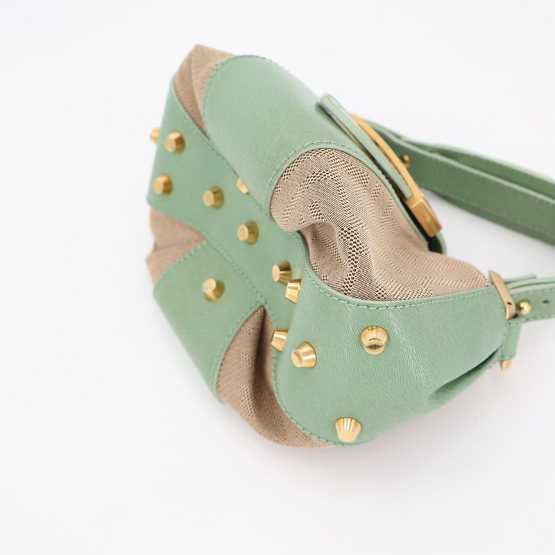 Fendi Beige Green Zucca Canvas Leather Baguette Shoulder Bag