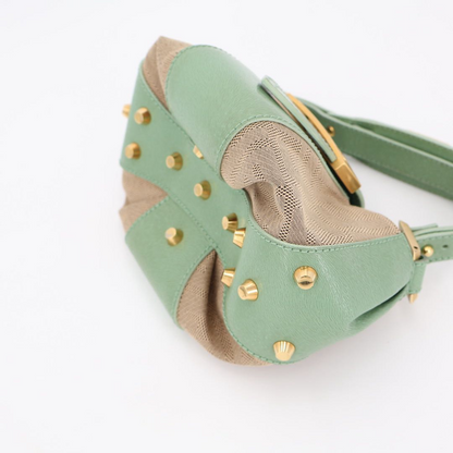 Fendi Beige Green Zucca Canvas Leather Baguette Shoulder Bag