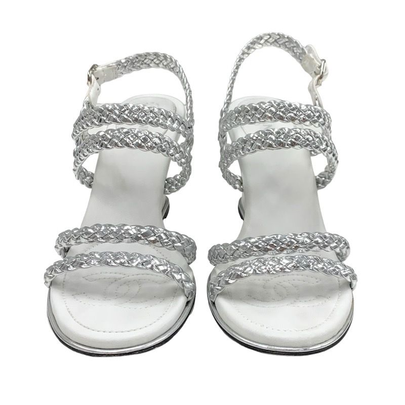 Chanel Sandals Shoes Leather Silver White Coco Mark Strap Wedge Sole