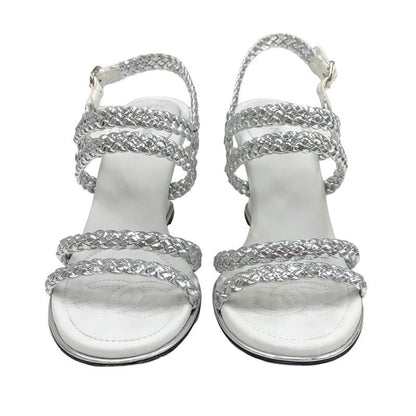 Chanel Sandals Shoes Leather Silver White Coco Mark Strap Wedge Sole