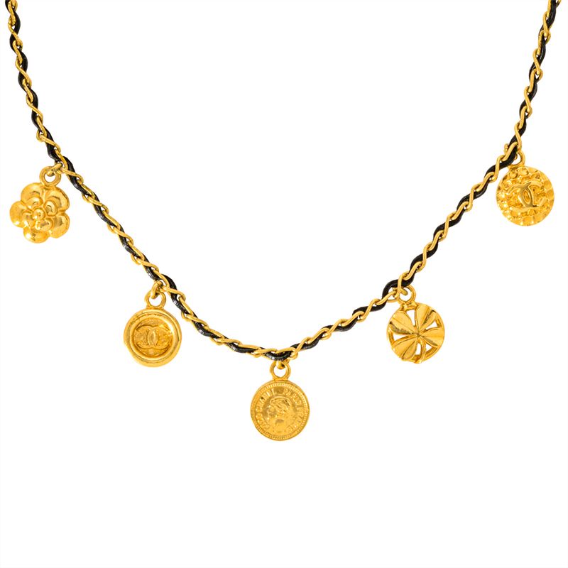 Chanel Choker Necklace Metal Leather 96 P Engraved Gold Coco Mark Coin Medal