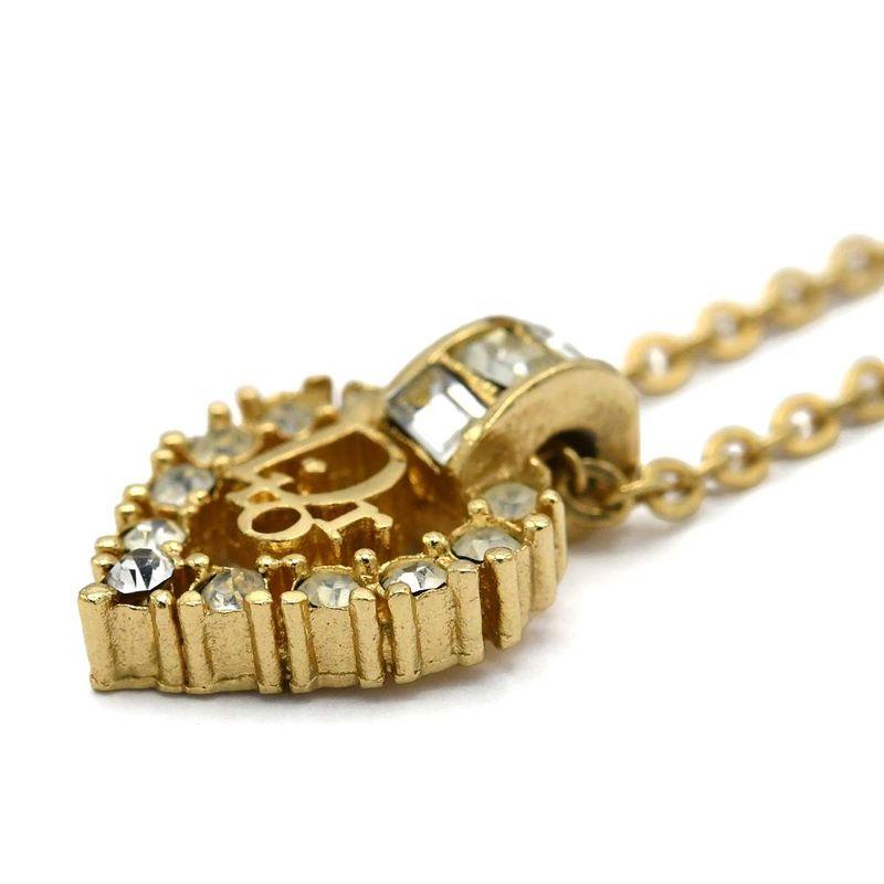 Christian DIOR Necklace Heart Rhinestone Bijoux Logo Gold Color Accessories