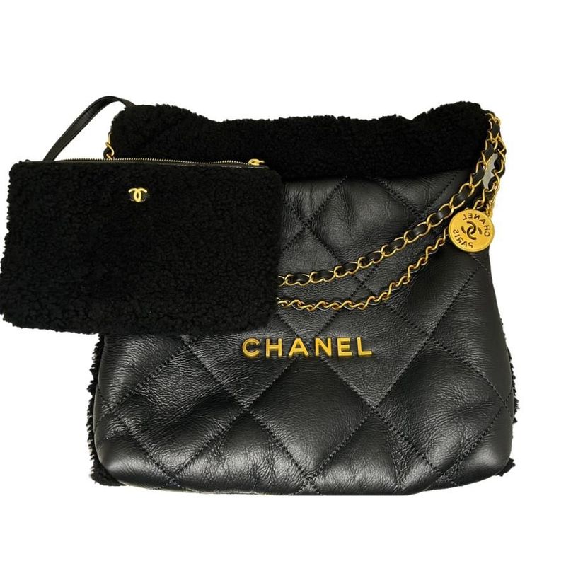 Chanel 22 Small Handbag Chain Bag Shearling Aged Lambskin Black Gold Hardware