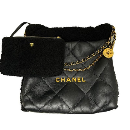 Chanel 22 Small Handbag Chain Bag Shearling Aged Lambskin Black Gold Hardware