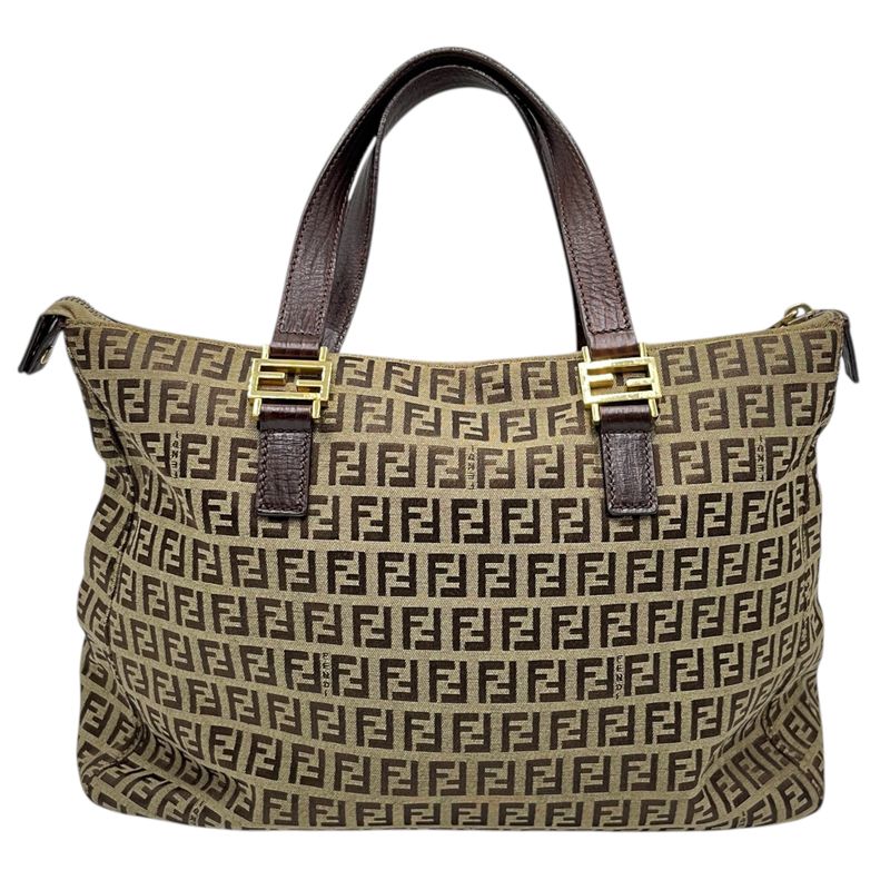 Fendi Tote Bag Canvas Zucca Pattern Leather Brown