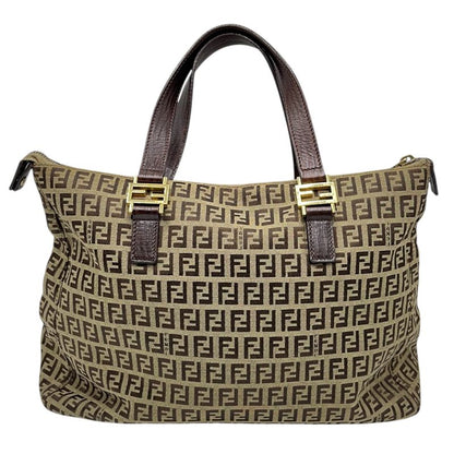 Fendi Tote Bag Canvas Zucca Pattern Leather Brown