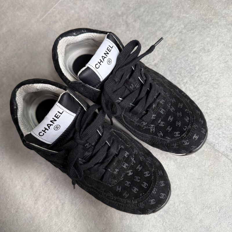 Chanel Coco Mark Sneakers Suede Mesh Logo Black White 38 25cm (9.84in)