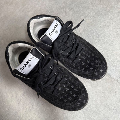 Chanel Coco Mark Sneakers Suede Mesh Logo Black White 38 25cm (9.84in)
