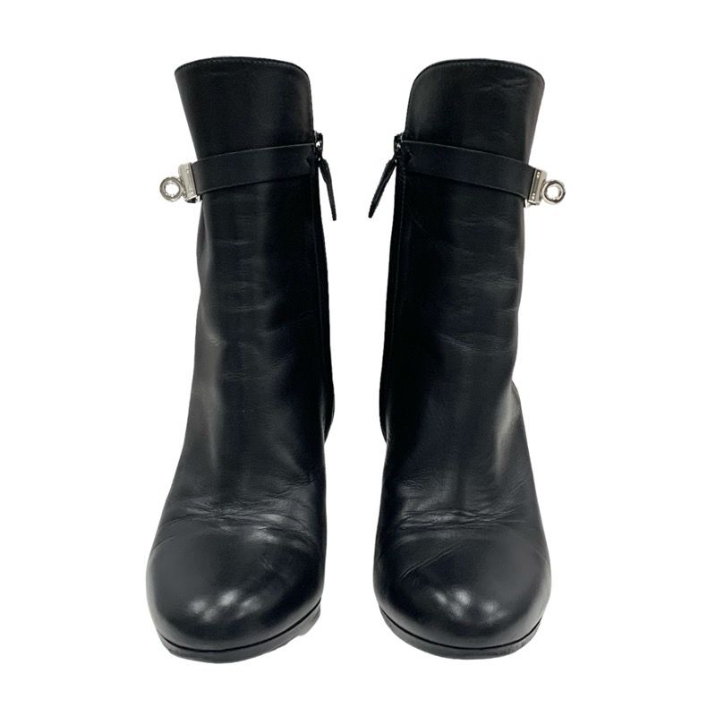 Hermes Boots Short Boots Shoes Leather Black Silver Kelly Hardware