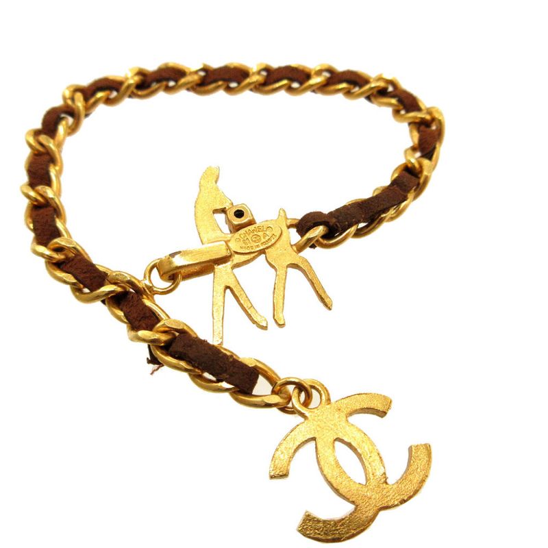 Chanel Coco Mark 01A Colored Stone Bambi Metal Gold Brown Chain Bracelet 0072