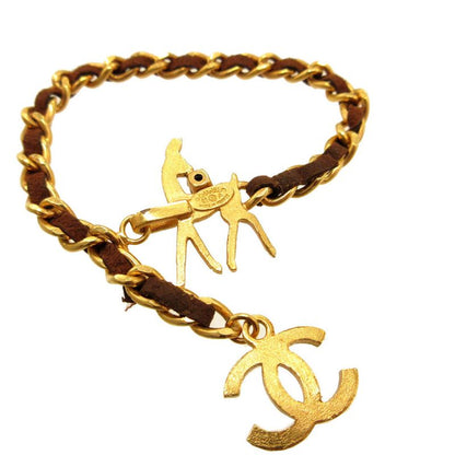 Chanel Coco Mark 01A Colored Stone Bambi Metal Gold Brown Chain Bracelet 0072